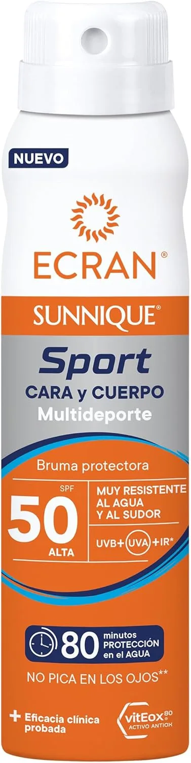 Ecran ▫️ Sunnique Sport Protective Mist Rosto e Corpo SPF 50 - Alta Resistência à Água e ao Suor - Proteção Invisível 2 em 1 - 75 ml