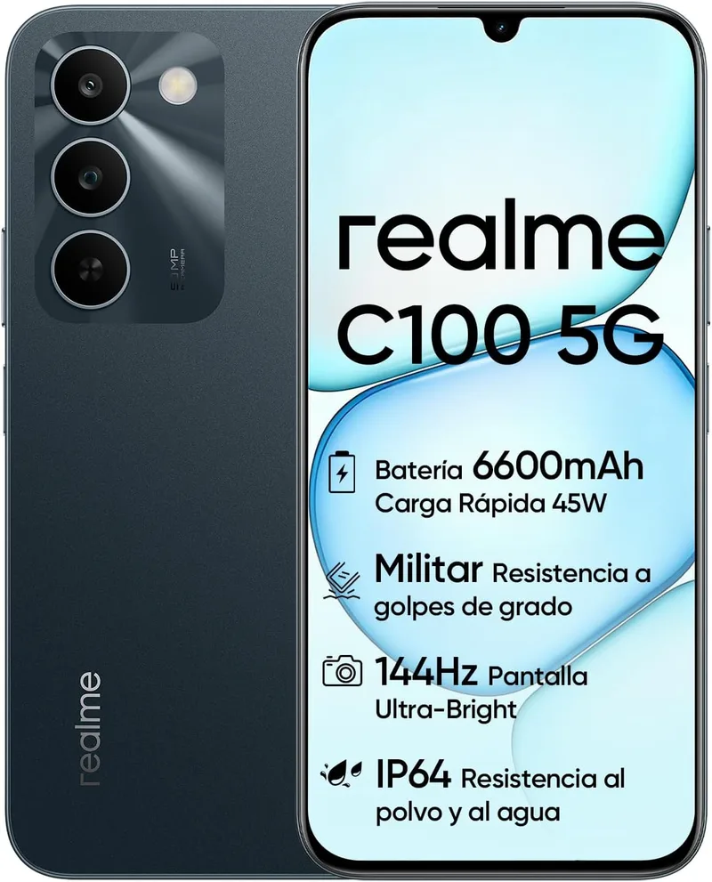 realme ▫️ Smartphone C100 5G, 4 GB + 128 GB, ecrã LCD de 6,5" a 144 Hz, bateria de 6600 mAh, câmara de 50 MP com IA, IP64, carregamento rápido de 45 W, Dual SIM, AI Boost, verde (Sem adaptador) Garantia padrão de 3 anos