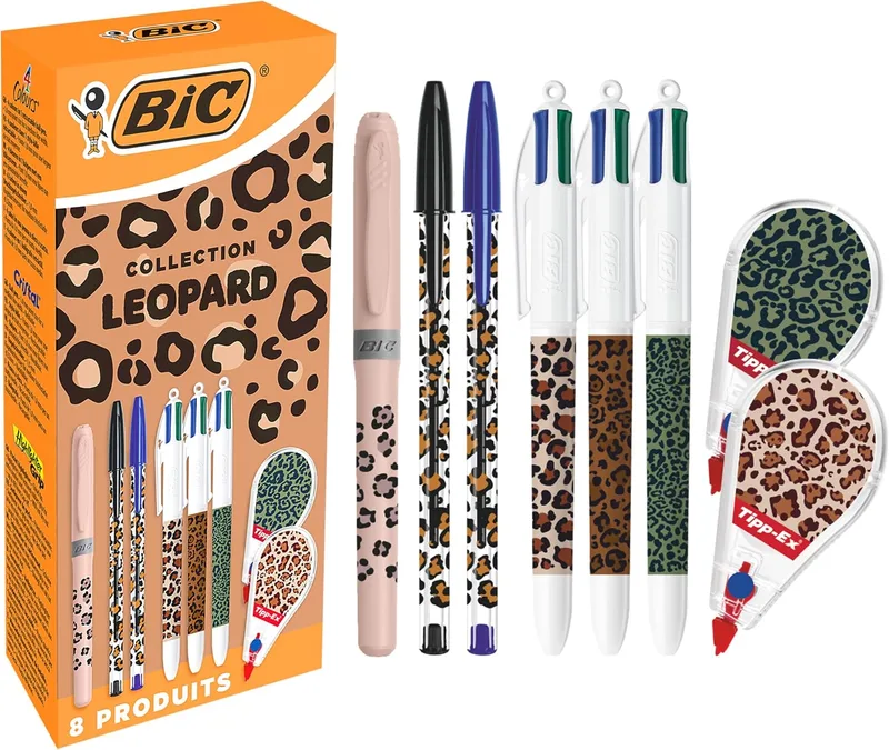 BIC ▫️ Coleção Leopardo e Tipp-Ex – 8 unidades: canetas esferográficas de ponta média (1,0 mm), sublinhador de ponta biselada e fitas corretoras (6 m x 5 mm) com desenhos aleatórios.