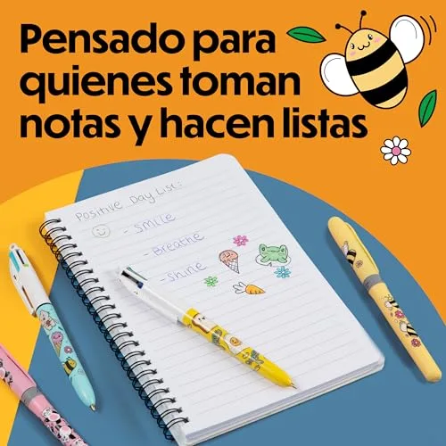 BIC ▫️ 4 Colours Decors Série Kawaii Caneta Retrátil de Ponta Média (1,00 mm) em Cores de Tinta Alegres + Highlighter Grip Decors Ponta Biselada - Desenhos Kawaii Variados, Embalagem de 4 2