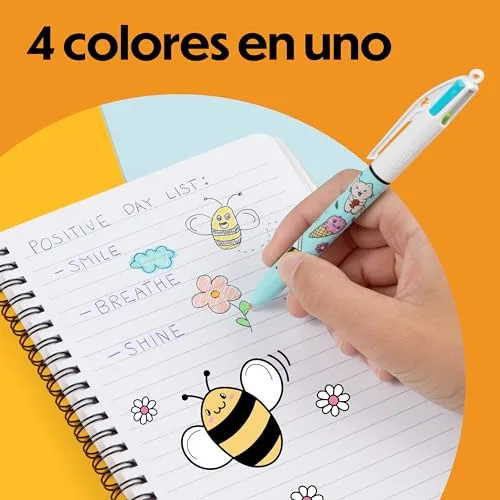 BIC ▫️ 4 Colours Decors Série Kawaii Caneta Retrátil de Ponta Média (1,00 mm) em Cores de Tinta Alegres + Highlighter Grip Decors Ponta Biselada - Desenhos Kawaii Variados, Embalagem de 4 3