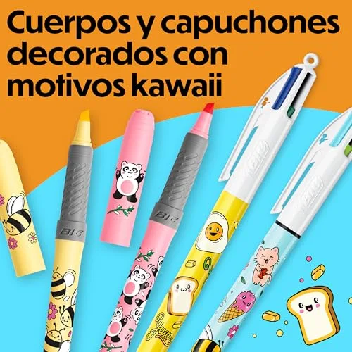 BIC ▫️ 4 Colours Decors Série Kawaii Caneta Retrátil de Ponta Média (1,00 mm) em Cores de Tinta Alegres + Highlighter Grip Decors Ponta Biselada - Desenhos Kawaii Variados, Embalagem de 4 4
