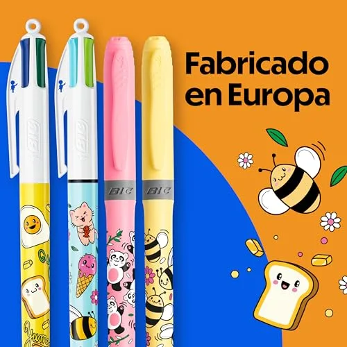 BIC ▫️ 4 Colours Decors Série Kawaii Caneta Retrátil de Ponta Média (1,00 mm) em Cores de Tinta Alegres + Highlighter Grip Decors Ponta Biselada - Desenhos Kawaii Variados, Embalagem de 4 5