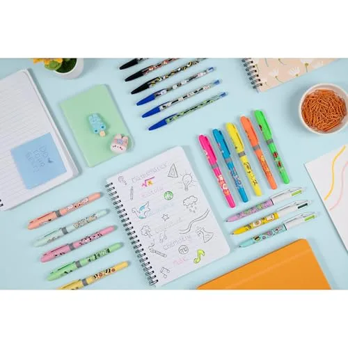 BIC ▫️ 4 Colours Decors Série Kawaii Caneta Retrátil de Ponta Média (1,00 mm) em Cores de Tinta Alegres + Highlighter Grip Decors Ponta Biselada - Desenhos Kawaii Variados, Embalagem de 4 6