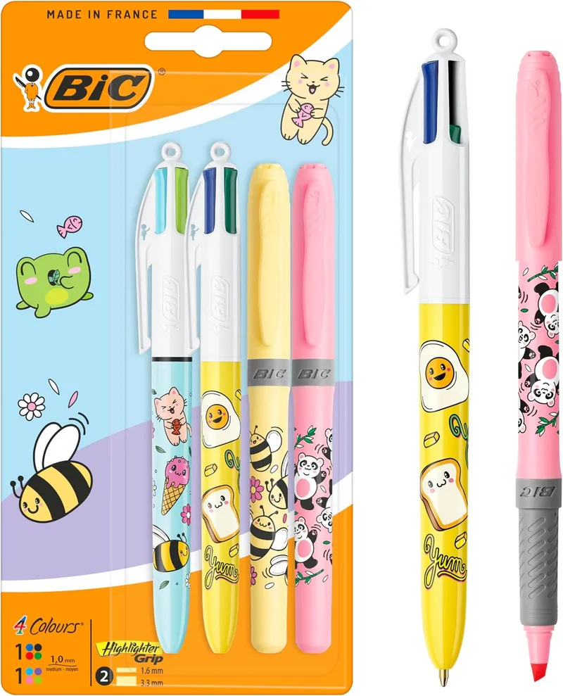 BIC ▫️ 4 Colours Decors Série Kawaii Caneta Retrátil de Ponta Média (1,00 mm) em Cores de Tinta Alegres + Highlighter Grip Decors Ponta Biselada - Desenhos Kawaii Variados, Embalagem de 4