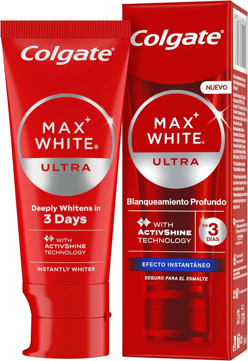 Colgate ▫️ Pasta de dentes Max White Ultra com efeito instantâneo, clareia as manchas profundas em 3 dias; a tecnologia ActiveShine suaviza a superfície do esmalte para refletir a luz; sabor melhorado