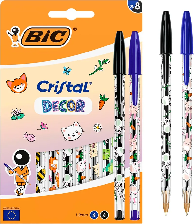 BIC ▫️ Canetas esferográficas médias Cristal Decors Kawaii (1,00 mm), tinta azul e preta - desenhos Kawaii sortidos, embalagem de 8
