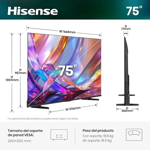 Hisense ▫️ 75E7S - Smart TV Hi-QLED de 75 polegadas, Hi-QLED Color, Dolby Vision, Atmos, escalador 4K com IA, Smooth Motion com IA, Modo Jogo Plus, Dolby Vision IQ, HDR10+ Adaptive 2