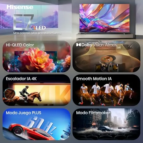 Hisense ▫️ 75E7S - Smart TV Hi-QLED de 75 polegadas, Hi-QLED Color, Dolby Vision, Atmos, escalador 4K com IA, Smooth Motion com IA, Modo Jogo Plus, Dolby Vision IQ, HDR10+ Adaptive 3