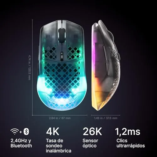 SteelSeries ▫️ Aerox 3 Wireless Gen 2: Rato para jogos de 68 g, Taxa de amostragem: 4K, Sensor ótico: 26 000 dpi, Bateria: 200 h, Classificação IP54, 80 milhões de cliques, RGB, patins 100% PTFE, Shadow 2