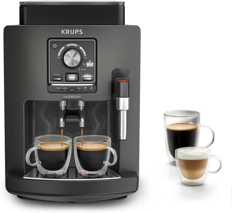 KRUPS ▫️ Harmony, Máquina de café superautomática, 4 bebidas, Espumador de leite, Preto | 4 bebidas de café e leite + Espumador de leite, Fácil de utilizar, Limpeza automática, Função de chávena dupla, Compacta, EA508B