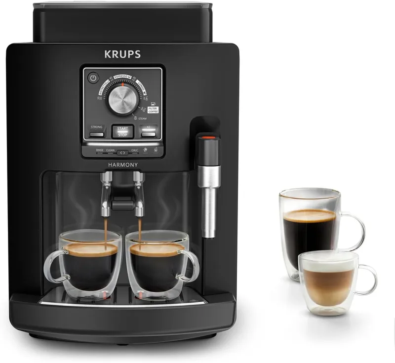 KRUPS ▫️ Harmony, máquina de café superautomática, 4 bebidas de café e leite, batedor de leite, limpeza automática, função de chávena dupla, compacta, preta, EA5088E0