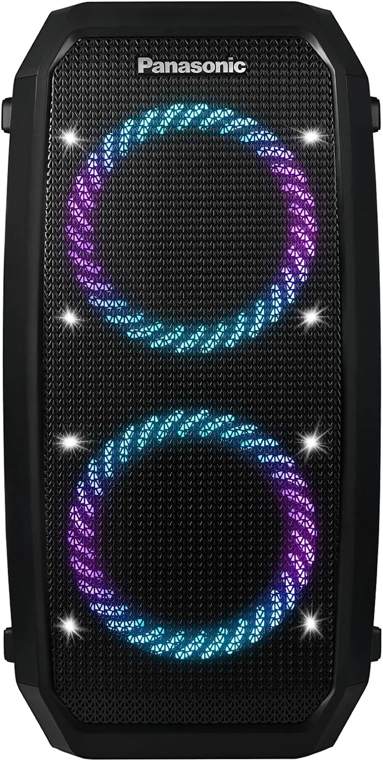 Panasonic ▫️ Coluna de festa portátil SC-BMAX30 com Bluetooth, luzes integradas, entrada Bass Reflex, 320 watts, autonomia da bateria de 14h, USB, IPX4, entradas de microfone para guitarra e karaoke, preto