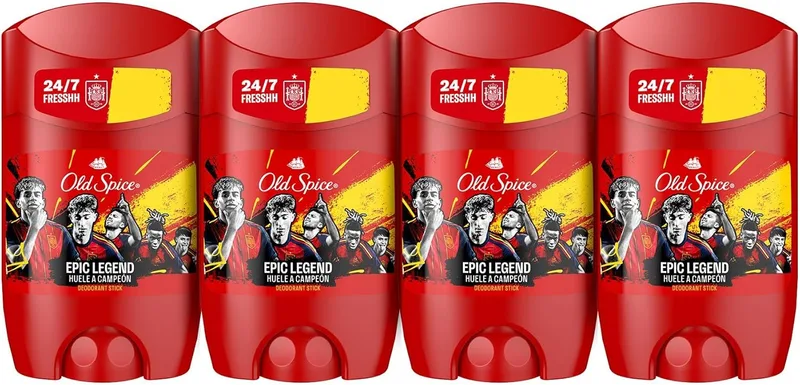 Old Spice ▫️ Desodorizante em barra para homem, 4x50 ml. Seleção espanhola. Frescura durante 24 horas, todos os dias com utilização diária, perfume duradouro, proteção contra o mau cheiro, 0% de sais de alumínio