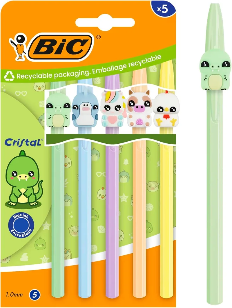 BIC ▫️ Cristal - Formas pastel de ponta média (1,00 mm), tinta azul, 5 caracteres e cores sortidos, cartão, embalagem de 5
