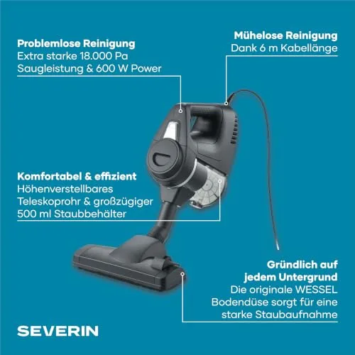 Severin ▫️ Aspirador de vassoura com fio 600 W, 18 000 Pa de sucção, tubo telescópico, depósito de pó de 500 ml, cabo de 6 metros, 4 bocais, preto, CY 7080. 2
