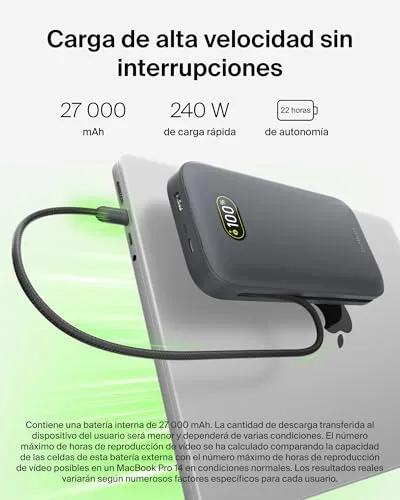Belkin ▫️ Bateria externa UltraCharge Pro de carregamento rápido de 27 000 mAh, power bank com cabo USB-C integrado, USB PD de 240 W e USB-A, bateria portátil para MacBook Pro, iPhone, iPad, Galaxy, Pixel, cinzento carvão 2