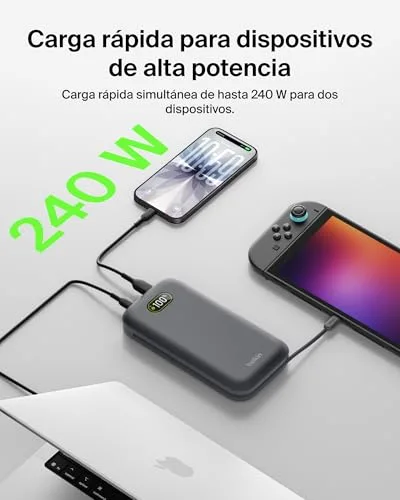 Belkin ▫️ Bateria externa UltraCharge Pro de carregamento rápido de 27 000 mAh, power bank com cabo USB-C integrado, USB PD de 240 W e USB-A, bateria portátil para MacBook Pro, iPhone, iPad, Galaxy, Pixel, cinzento carvão 3