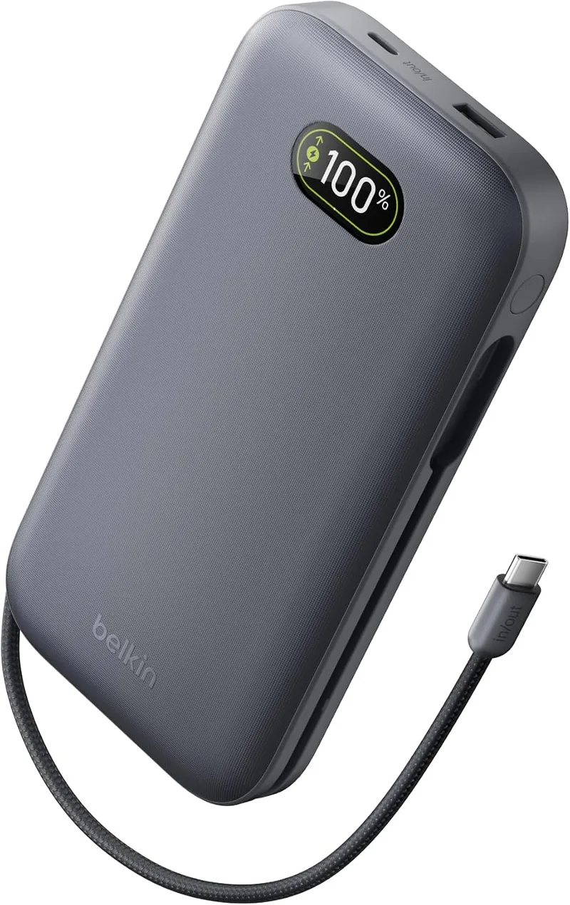 Belkin ▫️ Bateria externa UltraCharge Pro de carregamento rápido de 27 000 mAh, power bank com cabo USB-C integrado, USB PD de 240 W e USB-A, bateria portátil para MacBook Pro, iPhone, iPad, Galaxy, Pixel, cinzento carvão