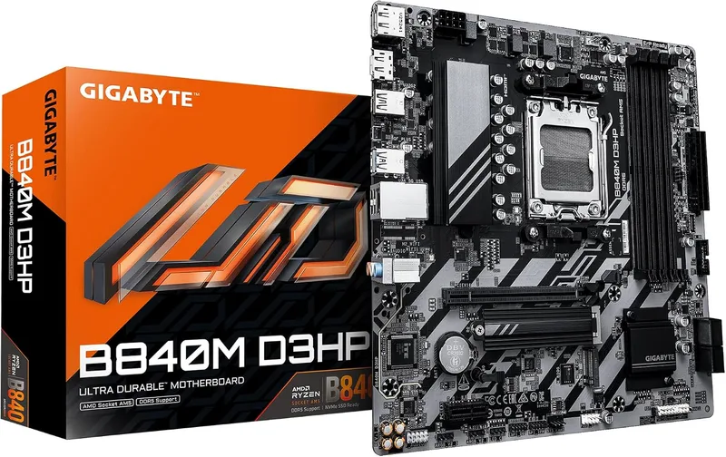 Gigabyte Technology ▫️ Placa-mãe GIGABYTE B840M D3HP – Processadores AMD Ryzen 9000, VRM de 8+2+2 fases, até 8200 MHz DDR5 (O.C.), 2× M.2 PCIe 4.0, LAN 1 GbE, USB 3.2 Gen 2