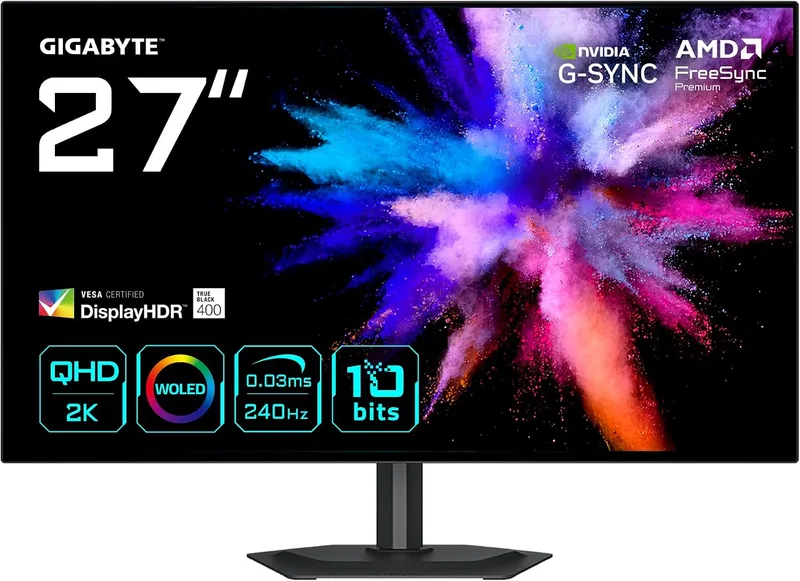 Gigabyte Technology ▫️ Monitor de jogos OLED GIGABYTE GO27Q24G de 27” 2K QHD - 2560 x 1440, 240 Hz, 0,03 ms, 275 cd/m², FreeSync Premium, compatível com G-Sync, HDMI 2.1, DisplayPort 1.4