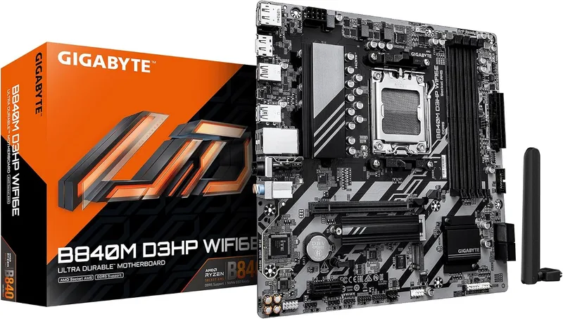 Gigabyte Technology ▫️ Placa-mãe GIGABYTE B840M D3HP WIFI6E – Processadores AMD Ryzen 9000, VRM de 8+2+2 fases, até 8200 MHz DDR5 (O.C.), 2× M.2 PCIe 4.0, Wi-Fi 6E, LAN 1 GbE, USB 3.2 Gen 2