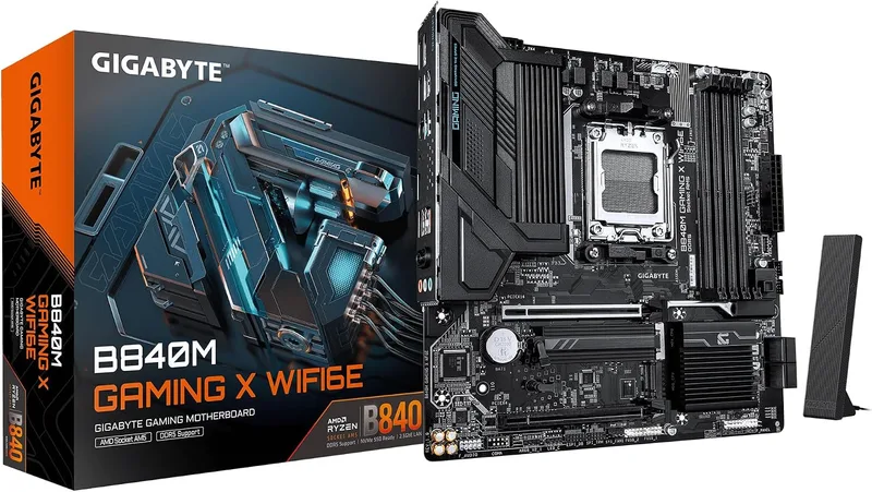 Gigabyte Technology ▫️ Placa-mãe GIGABYTE B840M Gaming X WIFI6E – Processadores AMD Ryzen 9000, VRM de 8+2+2 fases, até 8200 MHz DDR5 (O.C.), 2× M.2 PCIe 4.0, Wi-Fi 6E, LAN 2,5 GbE, USB 3.2 Gen 1