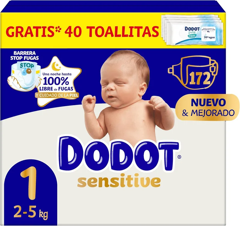 DODOT ▫️ Fraldas Sensitive para bebé, Tamanho 1 (2-5 kg), 172 fraldas + 1 embalagem de 40 toalhitas grátis da Aqua Plastic Free, n.º 1 em proteção da pele embalagem mensal