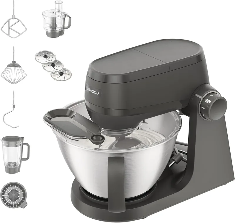 Kenwood Multi Tasker - Amassadeira multifunções com liquidificador e processador de alimentos, robô de cozinha com 1,7 kg de massa para pão e pizza, tampa anti-respingos, cinzento (KHC30.050GY)