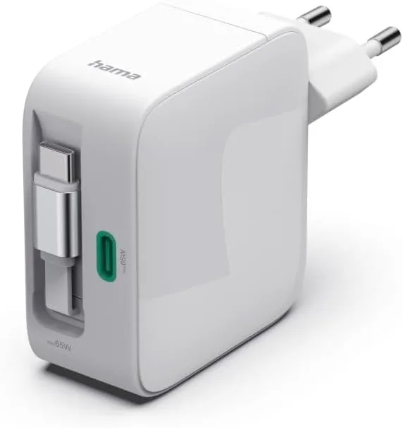 Hama ▫️ Carregador com 2 portas USB-C de 65 W GAN (230 V, Power Delivery, cabo extensível, Qualcomm Quick Charge, duplo, compacto, retrátil) Cor: Branco