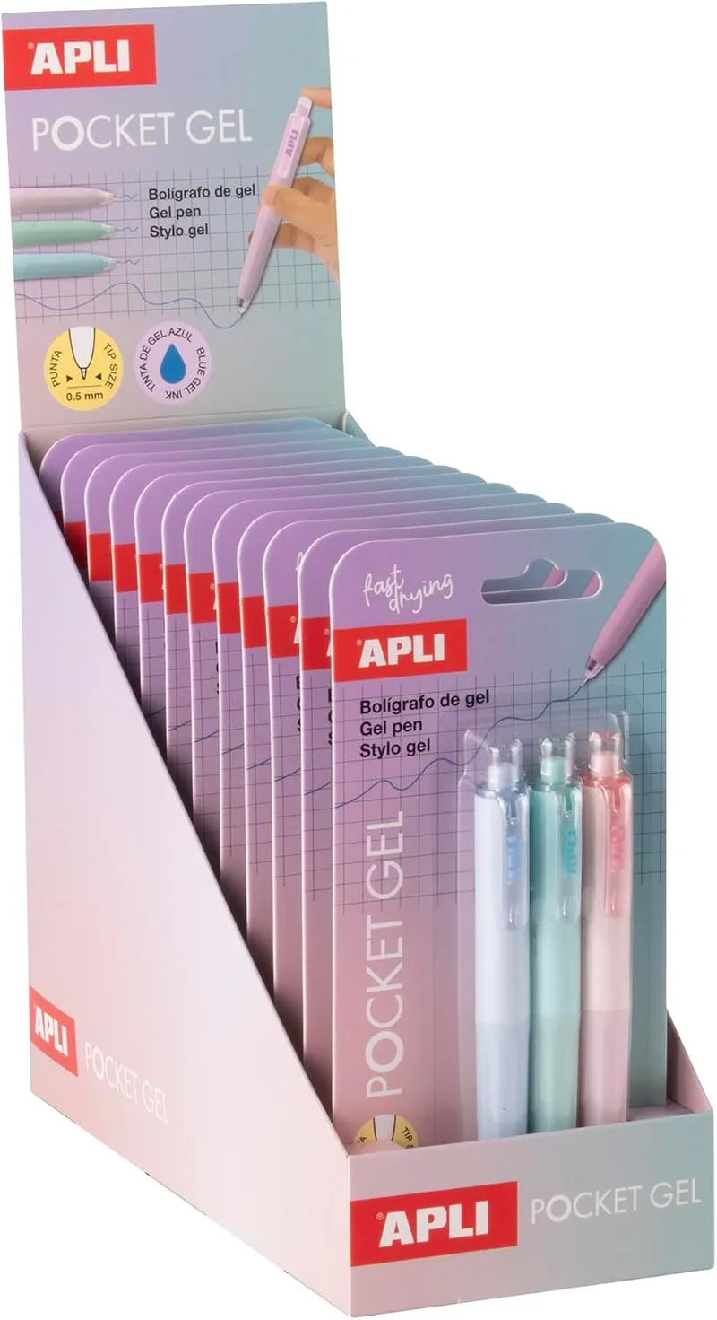 APLI ▫️ 20498 - Expositor de 12 embalagens de canetas de gel mini em tons pastel