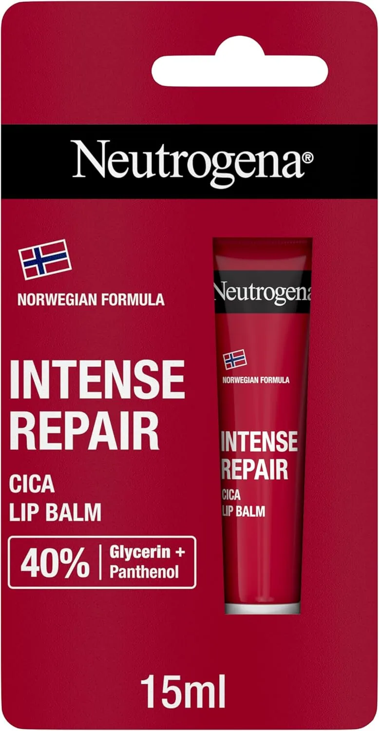 Neutrogena ▫️ Fórmula Norueguesa Bálsamo Labial CICA Reparação Intensa, 15 ml | Para lábios secos e gretados, alivia e regenera, fórmula nutritiva, com 40% de glicerina e pantenol, para uso diário
