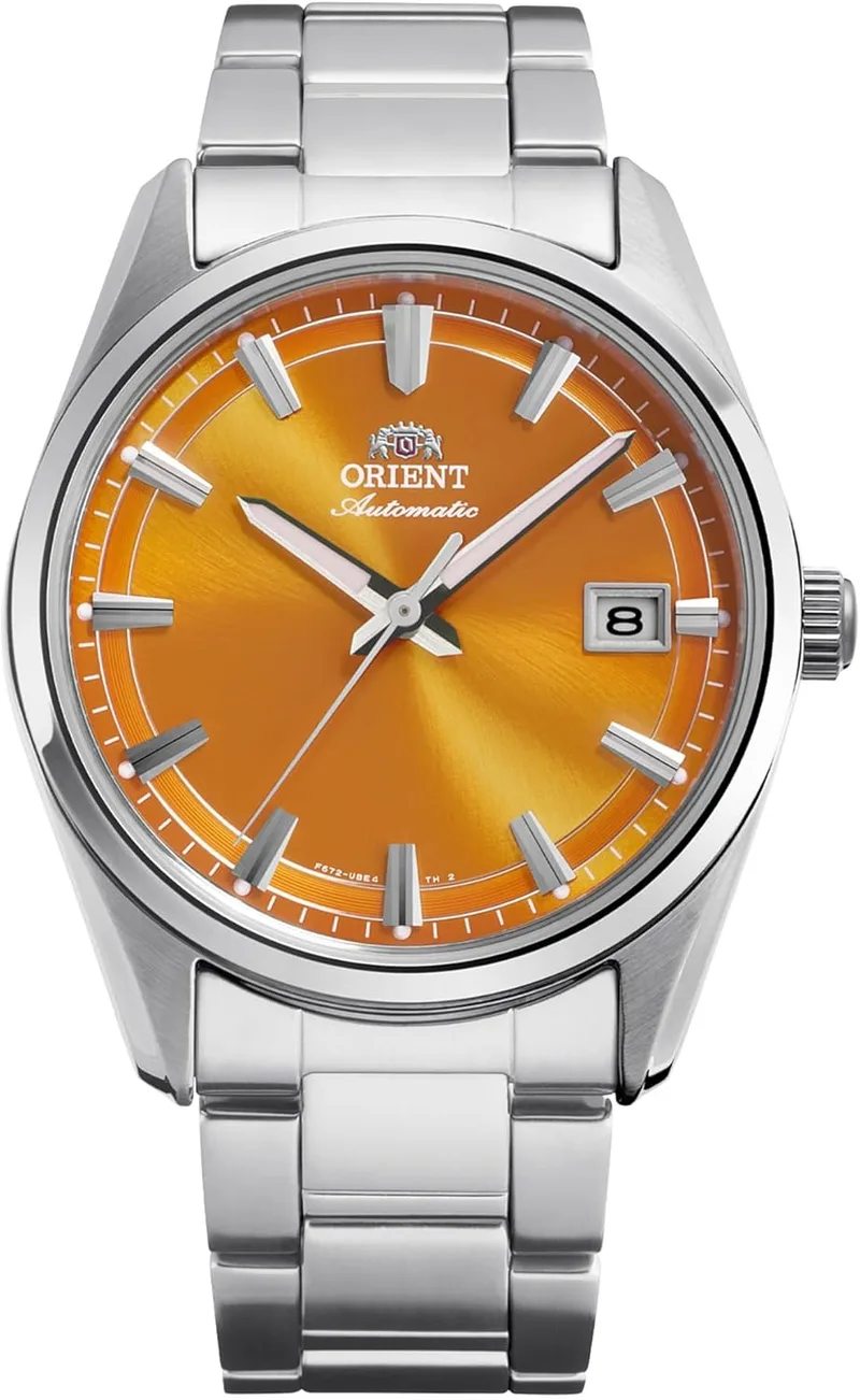 Orient ▫️ Contemporary Contemporary Stretto Date - Relógio de homem Automático e de corda manual Mecânico Casual Pulseira e caixa em aço inoxidável Mostrador laranja RA-AC0R08Y