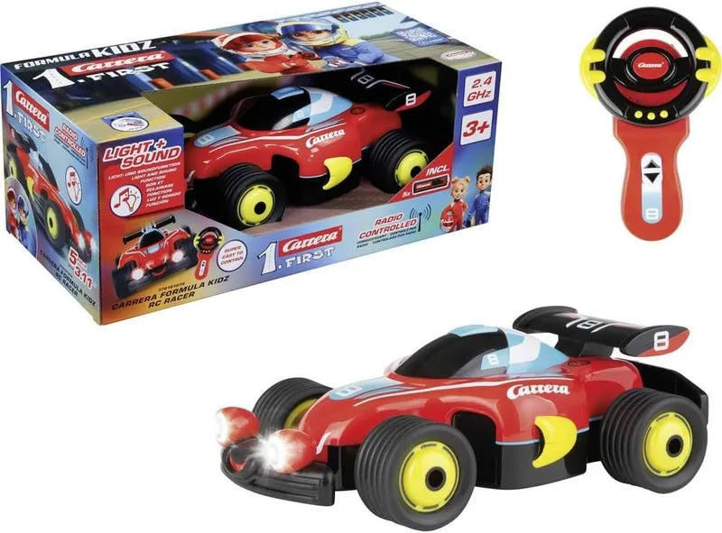 Carrera ▫️ Carro de corrida RC Formula Kidz RC Racer, com controlo preciso de 2,4 GHz, escala 1:20, volante de controlo, fácil de conduzir, luzes e sons, 23 cm de comprimento, a partir dos 3 anos, todas as pilhas incluídas