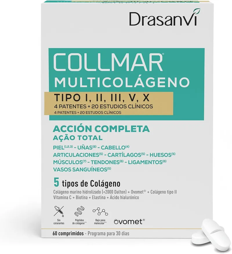 Drasanvi ▫️ Colageno Complex+ Ácido Hialurónico, Vitamina C, Biotina, Magnésio | Colagénio Marinho Hidrolisado (5 tipos) | Ação Completa: Pele, Unhas, Cabelo, Articulações e Ossos | Multi Colagénio 60 Comprimidos