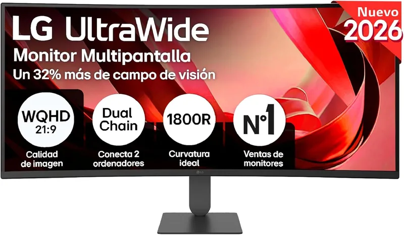 LG ▫️ 34U640B-B - Monitor UltraWide, 34'' Curvo 1800R, VA, WQHD (3440x1440), 21:9, 144Hz, FreeSync, HDR10, USB Type-C, Altura Ajustável, Preto com Textura