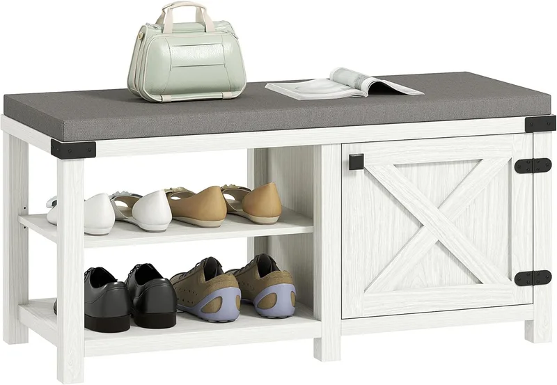 HOMCOM ▫️ Banco Rústico para Sapatos com Assento Organizador de Sapatos com Compartimentos para 7 Pares Almofada para Entrada, Sala de Estar e Quarto 100x40x48 cm Branco Cinzento e Cinza