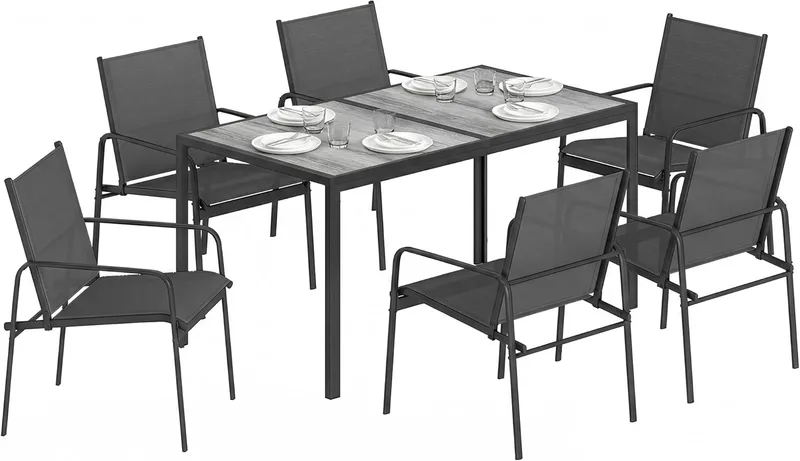 Outsunny ▫️ Conjunto de mesa e cadeiras de jardim de 7 peças, mobiliário de exterior com mesa com efeito de madeira e 6 cadeiras com assento respirável, estrutura em aço galvanizado, para terraço, pátio, preto