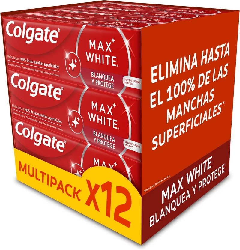 Colgate ▫️ Max White Pasta de dentes branqueadora branqueia e protege 12x75ml, remove até 100% das manchas superficiais, dentes 1 tom mais brancos, esmalte seguro para uso diário
