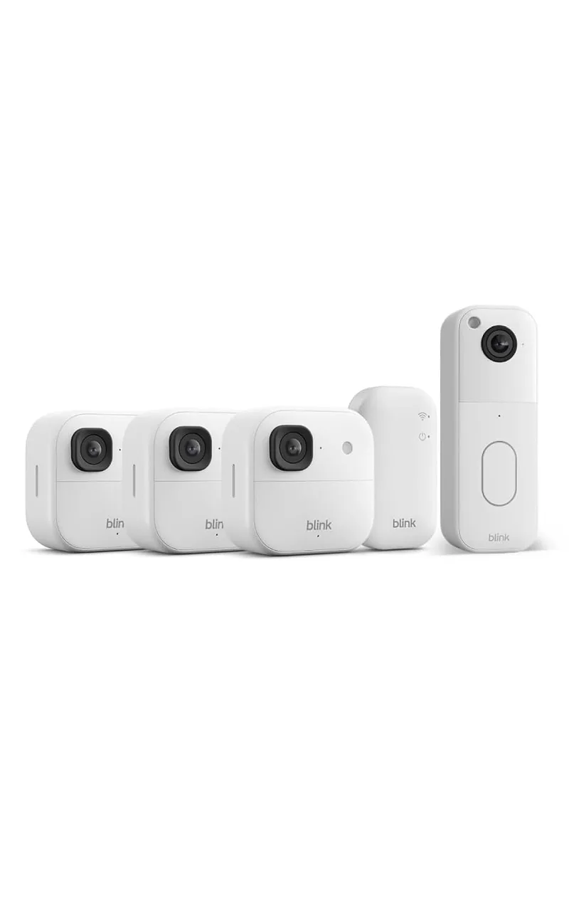 Blink ▫️ Câmara exterior 2K+ + Videoporteiro adicional — câmara de segurança inteligente sem fios, resolução de vídeo 2K, módulo de sincronização básico. Inclui: sistema de 3 câmaras, Branco
