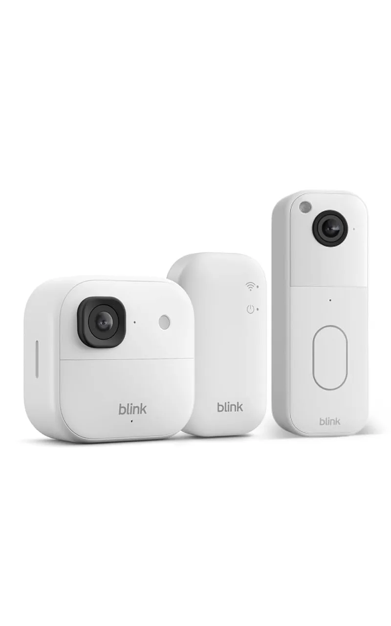 Visite a Loja Blink ▫️ Câmara exterior 2K+ Blink + Videotimbre adicional Blink - câmara de segurança inteligente sem fios, resolução de vídeo 2K, módulo de sincronização básico Incluído: 1 sistema de câmara, Branco
