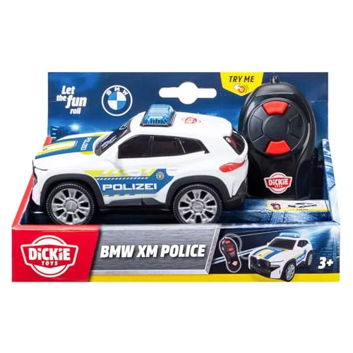 Dickie Toys ▫️ BMW XM Police Racer 1:36 13 cm, carro da polícia telecomandado para crianças a partir dos 3 anos, cabo de controlo remoto, luzes, vira para a frente e para trás, função «Try Me», versão 7