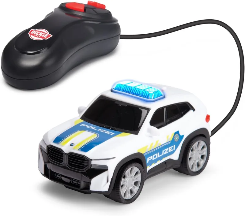 Dickie Toys ▫️ BMW XM Police Racer 1:36 13 cm, carro da polícia telecomandado para crianças a partir dos 3 anos, cabo de controlo remoto, luzes, vira para a frente e para trás, função «Try Me», versão