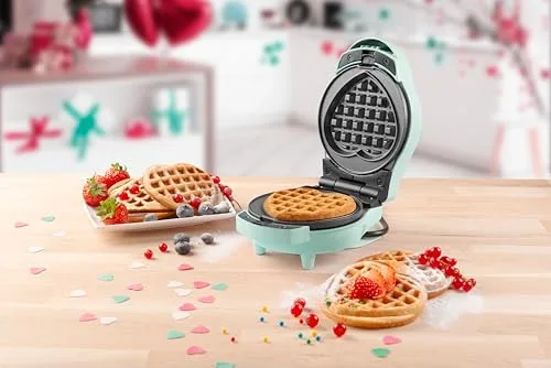 Bestron ▫️ Mini-máquina de gofres de 12,5 cm – Placas redondas e em forma de coração – Revestimento antiaderente – Pega «Cool Touch» – Indicadores luminosos – Máquina para mini-gofres de Bruxelas 2