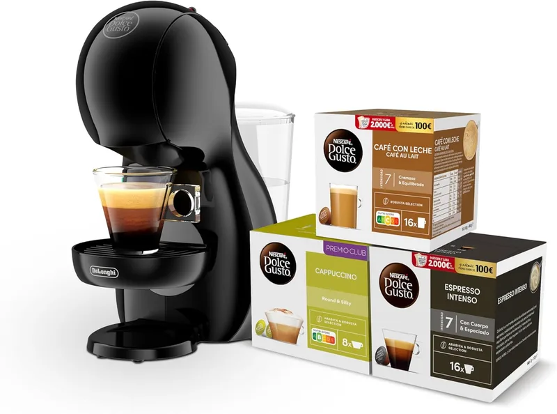 Nescafé Dolce Gusto ▫️ De'Longhi Piccolo XS - Máquina de café de cápsulas, 15 bar de pressão, design compacto, bebidas quentes e frias, desligamento automático, com 3 embalagens de cápsulas, preto grafite (EDG210.A)