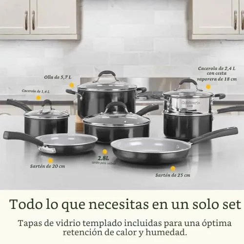 CUISINART ▫️ Ceramica XT - Conjunto de utensílios de cozinha antiaderentes | Conjunto de 11 panelas e frigideiras | Cerâmica antiaderente com titânio | Para todos os tipos de fogões, incluindo os de indução | Sem PFAS | Tampas 2