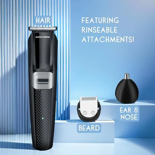 BARBERBOSS ▫️ Kit de higiene sem fios 3 em 1 para homem, aparador de barba, máquina de cortar cabelo, aparador de pêlos do nariz e das orelhas, lâmina de cerâmica e titânio, máquina de barbear facial para homem 4