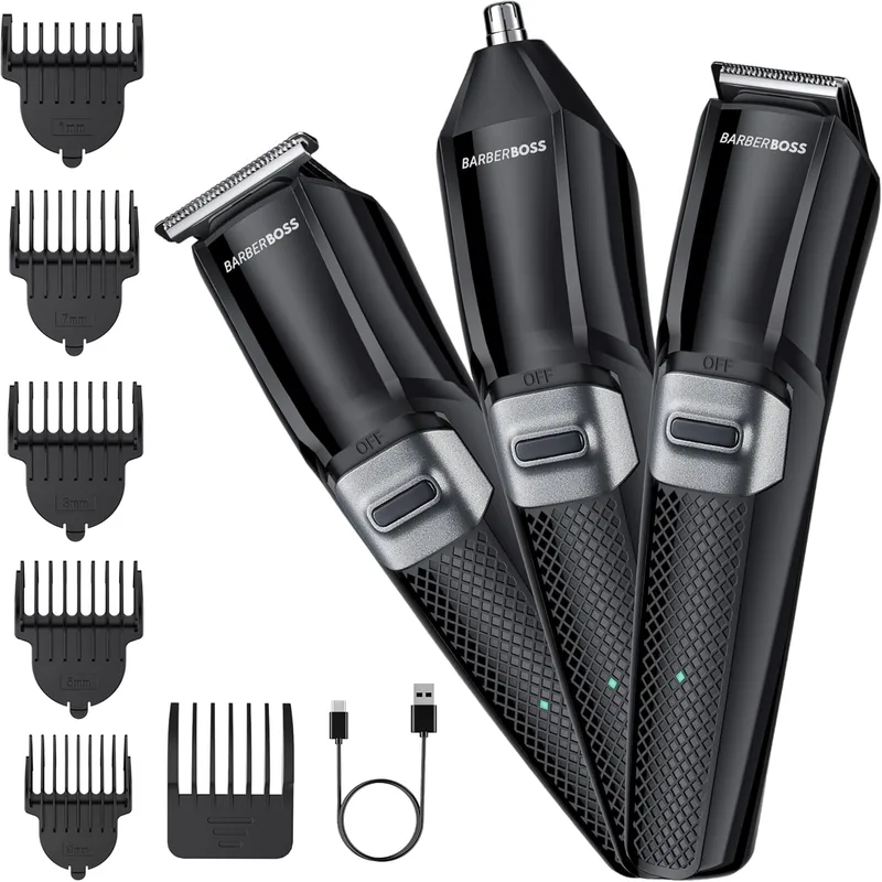 BARBERBOSS ▫️ Kit de higiene sem fios 3 em 1 para homem, aparador de barba, máquina de cortar cabelo, aparador de pêlos do nariz e das orelhas, lâmina de cerâmica e titânio, máquina de barbear facial para homem