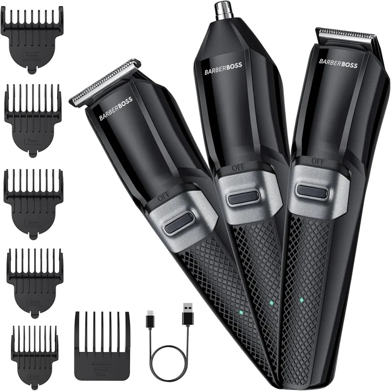 BARBERBOSS ▫️ Kit de higiene sem fios 3 em 1 para homem, aparador de barba, máquina de cortar cabelo, aparador de pêlos do nariz e das orelhas, lâmina de cerâmica e titânio, máquina de barbear facial para homem