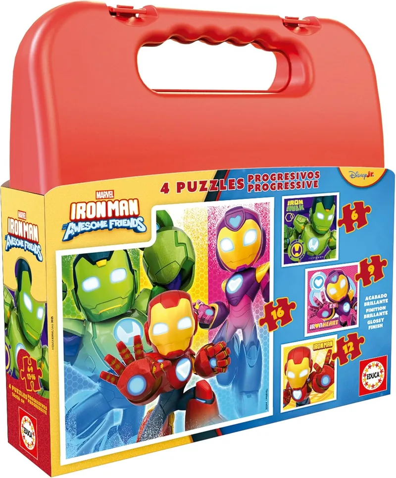 Educa ▫️ Iron Man e os seus amigos fantásticos | Conjunto de 4 puzzles para crianças de 6 a 12 peças numa mala fantástica | Recomendado a partir dos 3 4 5 anos (20344)